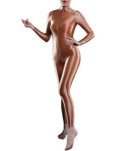 MSemis Damen Glänzend Overalls Ganzkörper Anzug Body Einteiler Bodysuit Jumpsuit Glossy Glatt Strupmhose Leggings Unterwäsche A Champagner Einheitsgröße von MSemis