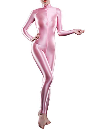 MSemis Damen Glänzend Overalls Ganzkörper Anzug Body Einteiler Bodysuit Jumpsuit Glossy Glatt Strupmhose Leggings Unterwäsche A Rosa Einheitsgröße von MSemis