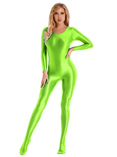 MSemis Damen Glänzend Overalls Ganzkörper Anzug Body Einteiler Bodysuit Jumpsuit Glossy Glatt Strupmhose Leggings Unterwäsche C Fluorescent Green C Fluoreszierendes Grün XL von MSemis