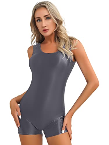 MSemis Damen Glanz Nylon Bodysuit Einteiler Badeanzug Ärmellos/Lange ÄrmelJumpsuit Hosenanzug Stretch Sport Tanz Trikot Ganzanzug Dunkelgrau L von MSemis
