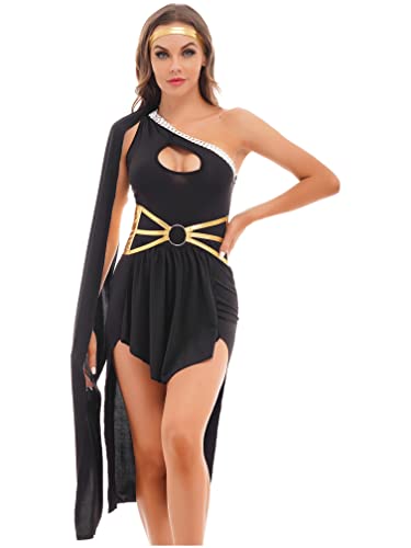 MSemis Damen Griechische Göttin Cosplay Kostüm Eine Schulter Robe Mit O Ring Gürtel Halloween Römisches Faschingskostüm Schwarz XL von MSemis