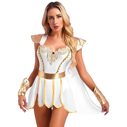 MSemis Damen Griechische Göttin Cosplay Kostüm Eine Schulter Robe Mit O Ring Gürtel Halloween Römisches Faschingskostüm Weiß A M von MSemis