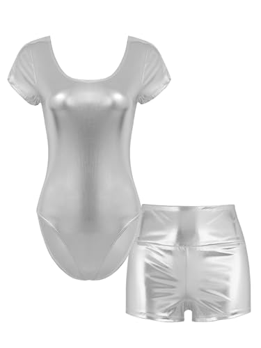 MSemis Damen Gymnastikanzug Metallic Ballett Trikot Tanz-Body Kurzarm/Langarm Ballettanzug Bodysuit Gymnastik Turnanzug Trikot mit Shorts Tanzkostüm B Silber XXL von MSemis