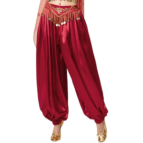 MSemis Damen Haremshose Bauchtanz Kostüm Indien Arabische Tanzen Tribal Wellenförmige Satin Pumphose Elastischer Bund Performance Kostüm EIN Burgunder Einheitsgröße von MSemis