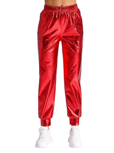 MSemis Damen Hohe Taille Hose Glänzend Metallic Sporthose Lang Hip Hop Tanzhose Freizeithos Glitzer Clubwear Rot L von MSemis