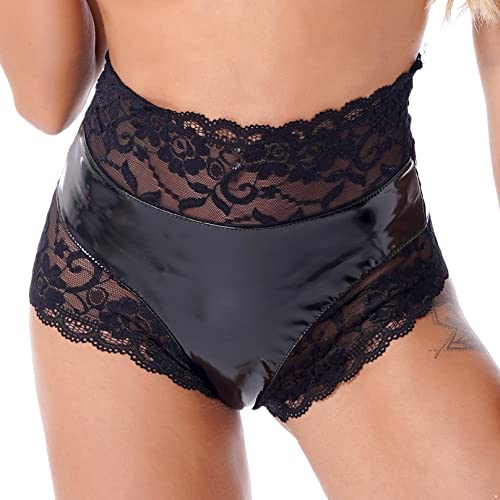 MSemis Damen Hotpants High Waist Glänzend Shorts Frauen Lackleder Bikini Slips mit Reißverschlüsse Erotik Dessous GOGO Reizwäsche F Schwarz 4XL von MSemis