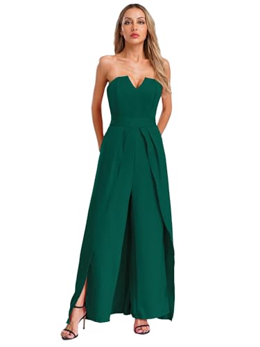 MSemis Damen Jumpsuit Elegant Trägerlos Lang Romper Einfarbig Hosenanzug Hohe Taille Hochzeit Overall Einteiler Playsuit Dunkelgrün XL von MSemis