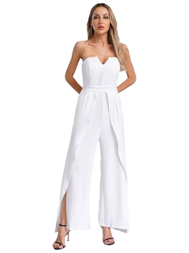 MSemis Damen Jumpsuit Elegant Trägerlos Lang Romper Einfarbig Hosenanzug Hohe Taille Hochzeit Overall Einteiler Playsuit Weiß S von MSemis