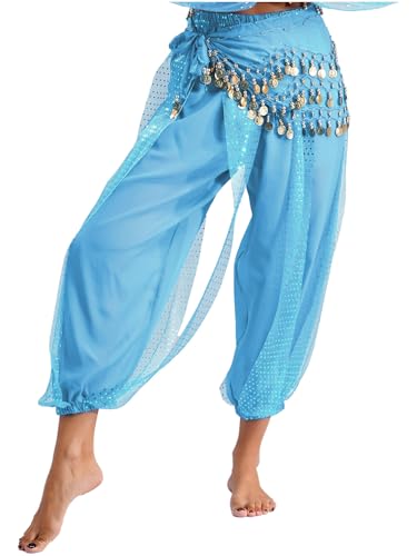 MSemis Damen Lang Bauchtanz Hose Glänzendes Haremshose und Geschnürtes Hüfttuch Tribal Arabisch Tanzhose Party Fest Kostüm Hellblau XL von MSemis