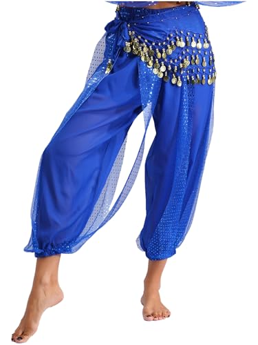 MSemis Damen Lang Bauchtanz Hose Glänzendes Haremshose und Geschnürtes Hüfttuch Tribal Arabisch Tanzhose Party Fest Kostüm Königsblau M von MSemis