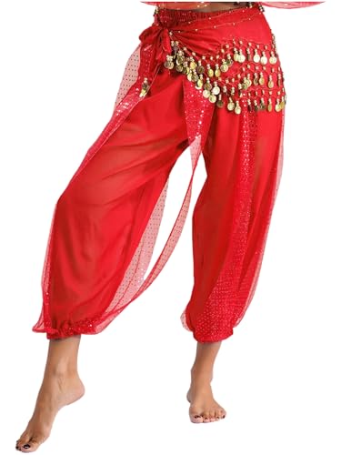 MSemis Damen Lang Bauchtanz Hose Glänzendes Haremshose und Geschnürtes Hüfttuch Tribal Arabisch Tanzhose Party Fest Kostüm Rot S von MSemis