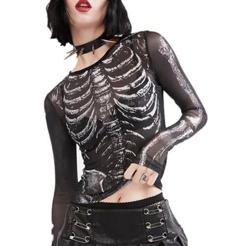 MSemis Damen Langarmshirt Mesh Top Gothic Skelett Druck Durchsichtiges Pullover Rundhalsausschnitt Enge Unterziehshirt Oberteil Schwarz L von MSemis