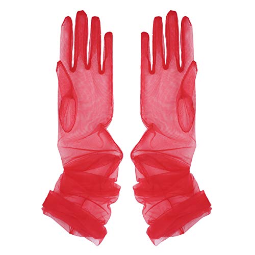 MSemis Damen Lange Handschuhe Braut Hochzeitsabend Zeremonie Atmungsaktiv Handschuhe Brautstulpen Transparent Tüll Elegante Party Cocktail Kleid Accessoires A Rot 70 CM von MSemis