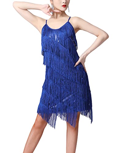 MSemis Damen Latein Kleid Salsa Tango Tanz Kleid Fransenkleid Glitzer V-Ausschnitt Tanzkleid Flapper Tanzkostüm für Samba Tango Königsblau A XL von MSemis