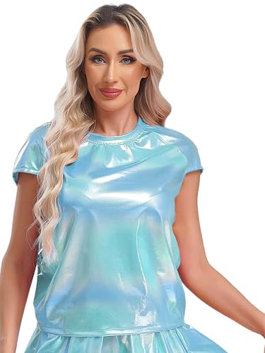 MSemis Damen Metallic Kurzarm Shirts Glänzend Crop Top Party Disco Hemd Loose Oberteile Lässig Pullover Blusen Blau L von MSemis