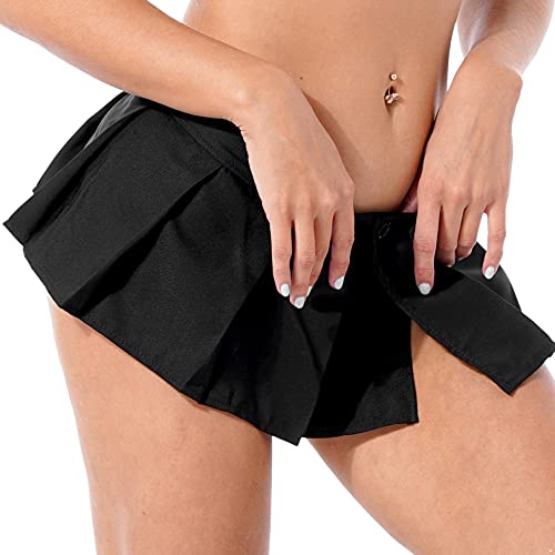 MSemis Damen Mini Faltenrock Hohe Taille Kurz Röck Frauen Rollenspiel Schulmädchen Köstum Einfarbig Minirock Extrem Kurz Rock Skirt Typ A Schwarz Einheitsgröße von MSemis