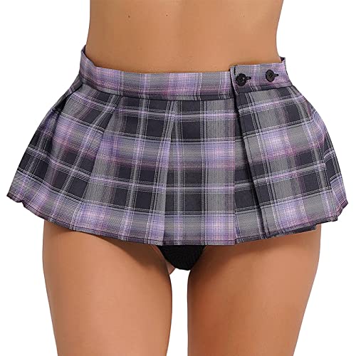 MSemis Damen Mini Faltenrock Hohe Taille Kurz Röck Frauen Rollenspiel Schulmädchen Köstum Einfarbig Minirock Extrem Kurz Rock Skirt Violett C Einheitsgröße von MSemis