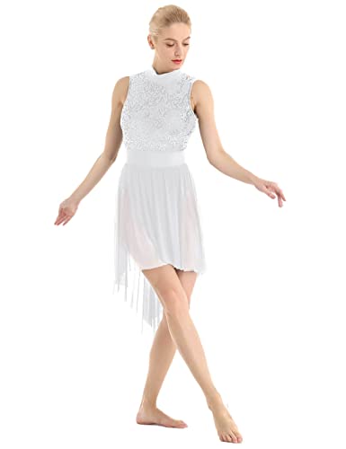 MSemis Damen Pailletten Ballettkleid mit Unregelmäßig Rock Rückenfrei Tanzkleid Ballett Trikot Ballettkleidung Leotards Turnanzug Ballettkostüm Weiß L von MSemis