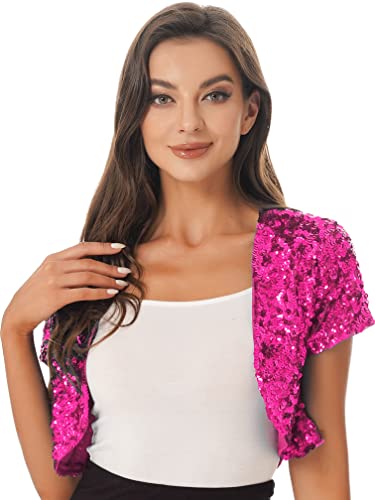 MSemis Damen Pailletten Bolero Kurze Jacke Blazer Langarm Offen Strickjacke Cardigan Festlich Vintage Glitzernd Disco Tanz Kostüm Outwear Hot Pink Einheitsgröße von MSemis