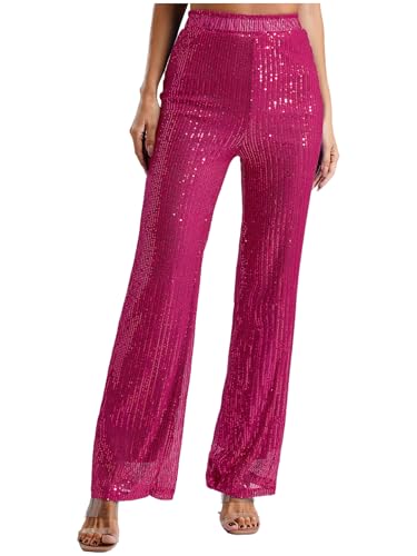MSemis Damen Pailletten Hose Weitem Bein Lang Hosen Hoher Taille Freizeithose Lose Festliche Pants Vintage Schlaghose Clubwear Hot Pink 3XL von MSemis