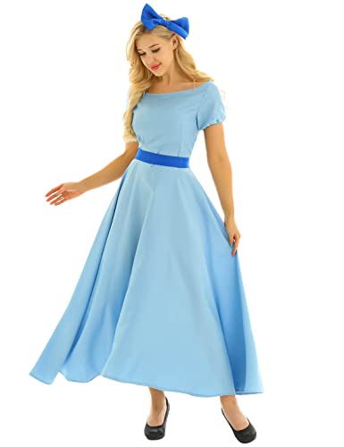 MSemis Damen Prinzessin Kleid Bodenlang Rundausschnitt Partykleid Fasching Cosplay Kostüm mit Schleife Haarklammern und Gürtel Karneval Weihnachten Hellblau 36-38 von MSemis