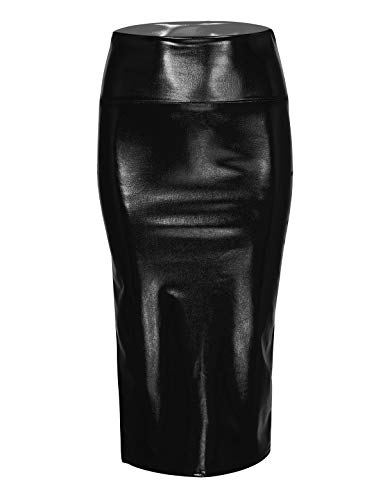 MSemis Damen Rock Leder Metallic Midi Bleistiftrock Bodycon Seitenschlitz Figurbetontes Rock Freizeit Stretch High Waist Röcke Schwarz XXL von MSemis