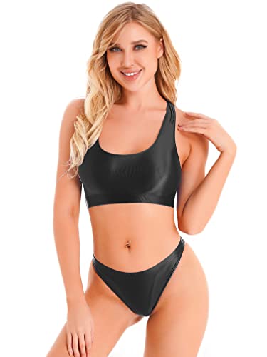 MSemis Damen Sport Bikini Sets ÖL Badeset Glanz Crop Top Bralette mit Slip Stretche Schlaf Training Lingerie Dessous Outfits Schwarz XL von MSemis