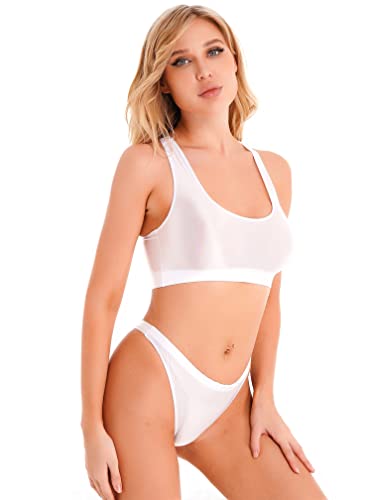 MSemis Damen Sport Bikini Sets ÖL Badeset Glanz Crop Top Bralette mit Slip Stretche Schlaf Training Lingerie Dessous Outfits Weiß XL von MSemis