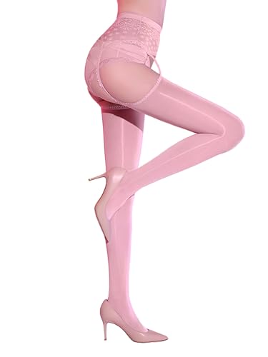 MSemis Damen Strapsstrümpfe Mit Spitze Strümpfe Transparent Netzspitzenstrumpf Offener Schritt Strumpfhosen Halterlose Stockings Babydoll Reizwäsche Rosa Einheitsgröße von MSemis