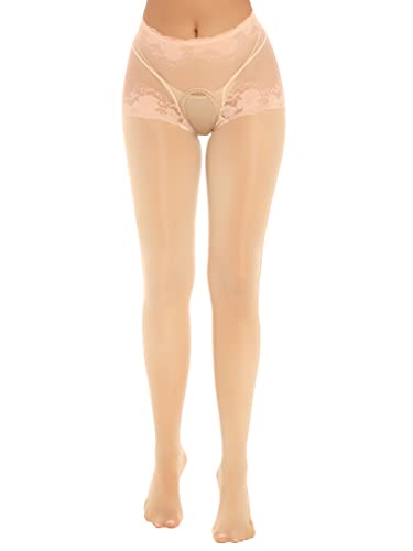 MSemis Damen Strumpfhose mit Offenem Schritt Durchsichtig Strümpfe Leggings High Waist Feinstrumpfhosen Elastische Ouvert Pantyhose Nude A XL von MSemis