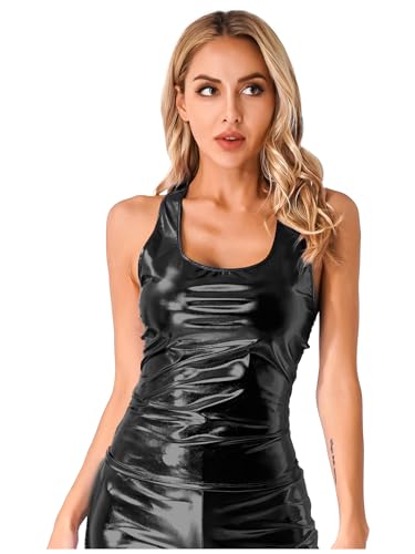 MSemis Damen Top Metallic Tank Top Weste Wetlook Shirt Oberteil Ärmellos Unterhemd Unterwäsche Sommer Crop Tops Party Shirts Clubwear Schwarz L von MSemis