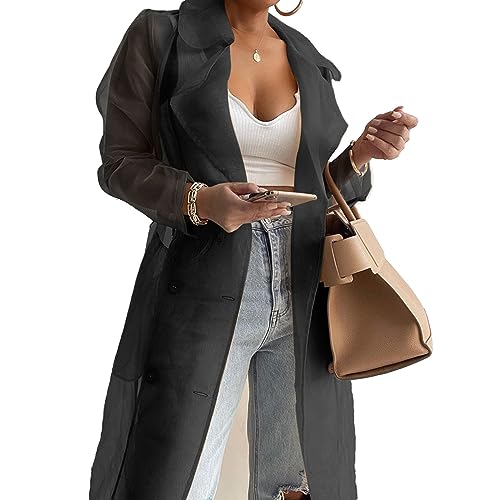 MSemis Damen Transparent Cardigan Jacke Organza Langarm Mesh Mantel Cover Up Beachwear Casual Sommer Schwarz M von MSemis