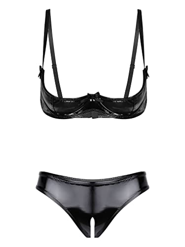 MSemis Damen Wetlook Bikini Set Push Up Badeanzug Brustfrei BH mit Offener Schritt Bikini Slip Frauen Erotik Dessous Reizwäsche Schwarz C XL von MSemis