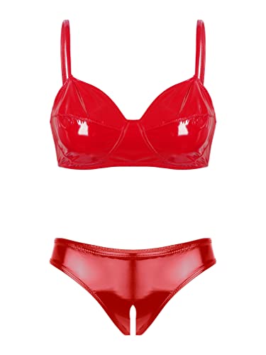 MSemis Damen Wetlook Dessous Set Brustfrei BH und Ouvert-Slip Tanga Set Leder Lack Bikini Set Erotische Reizwäsche Rot B 4XL von MSemis