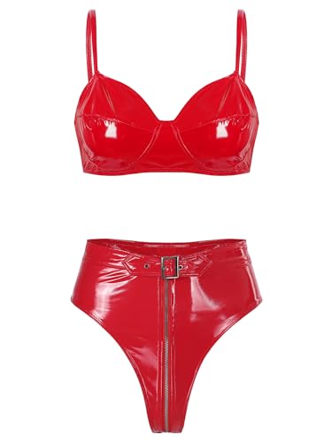 MSemis Damen Wetlook Dessous Set Brustfrei BH und Ouvert-Slip Tanga Set Leder Lack Bikini Set Erotische Reizwäsche Rot E 4XL von MSemis