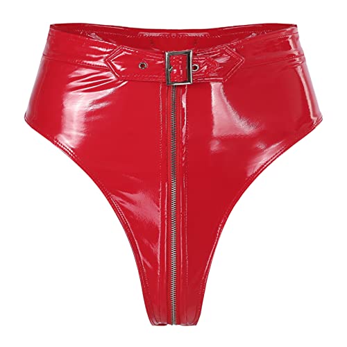 MSemis Damen Wetlook String Tanga Ouvert-Slip Hotpants Lack Leder Shorts Unterwäsche Erotik Dessous Gogo Höschen Reizwäsche mit Reißverschluss K Rot M von MSemis