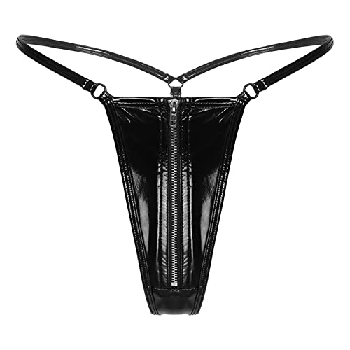 MSemis Damen Wetlook String Tanga Ouvert-Slip Hotpants Lack Leder Shorts Unterwäsche Erotik Dessous Gogo Höschen Reizwäsche mit Reißverschluss M Schwarz M von MSemis