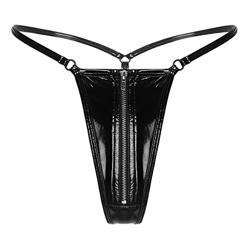 MSemis Damen Wetlook String Tanga Ouvert-Slip Hotpants Lack Leder Shorts Unterwäsche Erotik Dessous Gogo Höschen Reizwäsche mit Reißverschluss M Schwarz S von MSemis