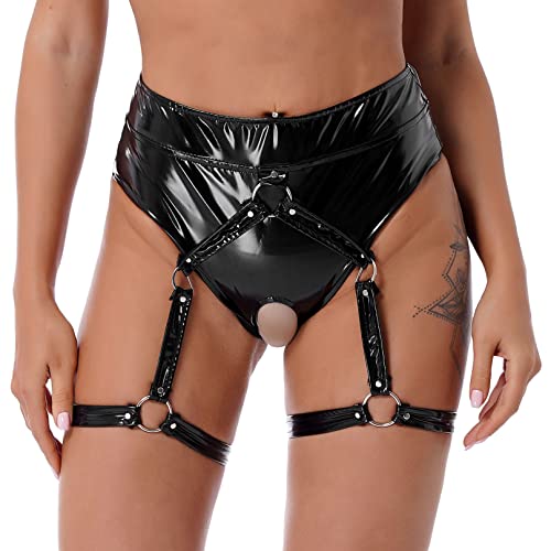 MSemis Damen Wetlook String Tanga Ouvert-Slip Hotpants Lack Leder Shorts Unterwäsche Erotik Dessous Gogo Höschen Reizwäsche mit Reißverschluss P Schwarz L von MSemis