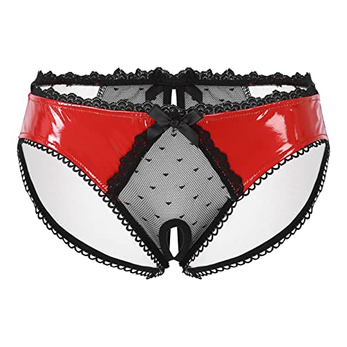 MSemis Damen Wetlook String Tanga Ouvert-Slip Hotpants Lack Leder Shorts Unterwäsche Erotik Dessous Gogo Höschen Reizwäsche mit Reißverschluss R Rot 4XL von MSemis