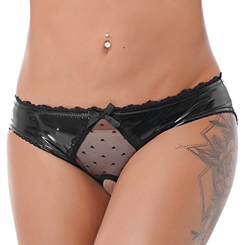 MSemis Damen Wetlook String Tanga Ouvert-Slip Hotpants Lack Leder Shorts Unterwäsche Erotik Dessous Gogo Höschen Reizwäsche mit Reißverschluss R Schwarz M von MSemis