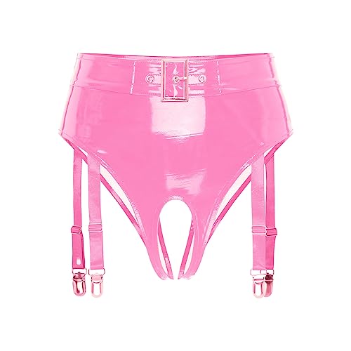 MSemis Damen Wetlook String Tanga Ouvert-Slip Hotpants Lack Leder Shorts Unterwäsche Erotik Dessous Gogo Höschen Reizwäsche mit Reißverschluss Rosa C- 4XL von MSemis