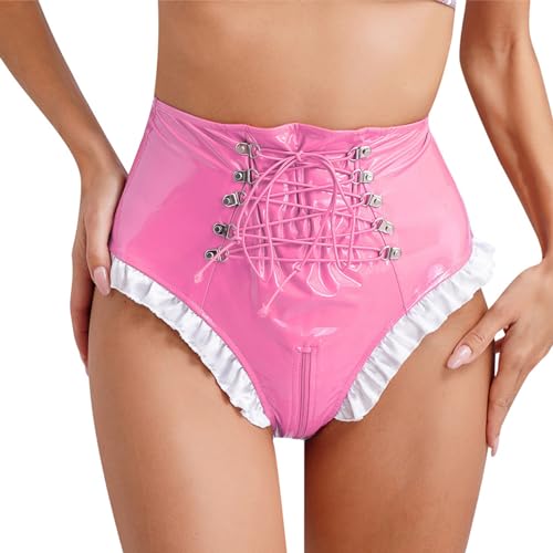 MSemis Damen Wetlook String Tanga Ouvert-Slip Hotpants Lack Leder Shorts Unterwäsche Erotik Dessous Gogo Höschen Reizwäsche mit Reißverschluss Rosa Ep L von MSemis