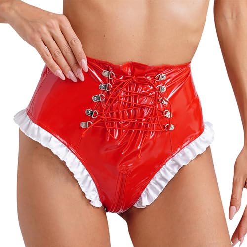 MSemis Damen Wetlook String Tanga Ouvert-Slip Hotpants Lack Leder Shorts Unterwäsche Erotik Dessous Gogo Höschen Reizwäsche mit Reißverschluss Rot Ep 4XL von MSemis