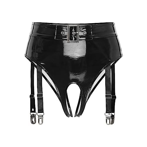 MSemis Damen Wetlook String Tanga Ouvert-Slip Hotpants Lack Leder Shorts Unterwäsche Erotik Dessous Gogo Höschen Reizwäsche mit Reißverschluss Schwarz C- M von MSemis