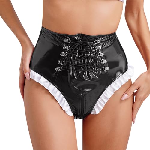 MSemis Damen Wetlook String Tanga Ouvert-Slip Hotpants Lack Leder Shorts Unterwäsche Erotik Dessous Gogo Höschen Reizwäsche mit Reißverschluss Schwarz Ep L von MSemis