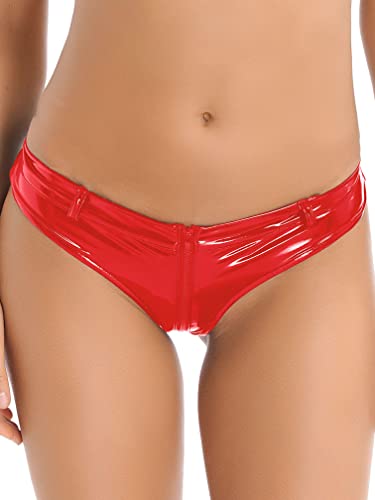 MSemis Damen Wetlook String Tanga Ouvert-Slip Hotpants Lack Leder Shorts Unterwäsche Erotik Dessous Gogo Höschen Reizwäsche mit Reißverschluss W Rot L von MSemis