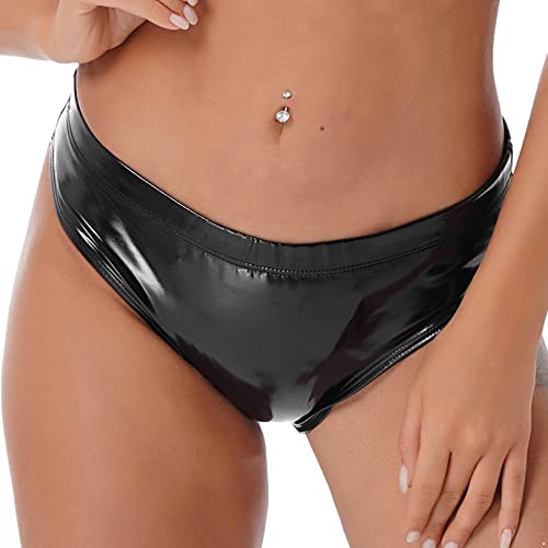 MSemis Damen Wetlook String Tanga Ouvert-Slip Hotpants Lack Leder Shorts Unterwäsche Erotik Dessous Gogo Höschen Reizwäsche mit Reißverschluss X Schwarz- M von MSemis