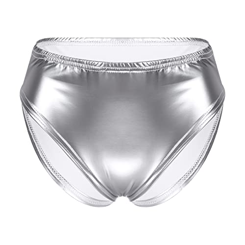 MSemis Damen Wetlook String Tanga Ouvert-Slip Hotpants Lack Leder Shorts Unterwäsche Erotik Dessous Gogo Höschen Reizwäsche mit Reißverschluss X Silber M von MSemis