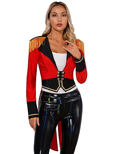 MSemis Damen Zirkus Ringmaster Kostüm Langarm Zirkusdirektor Kostüm Frack Blazer Smoking Jacke Mantel Fasching Karneval Cosplay Kostüm Uniform Rot C M von MSemis